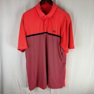 Under Armour Heatgear Pink Navy Stripe Golf Polo Shirt Mens Large Loose Fit